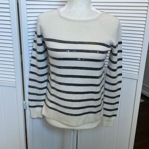 ANN TAYLOR PETITE Sequin striped sweater XS XSP Cream black sequins